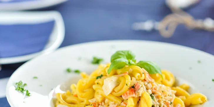 300 g Trofie polpa di granchio e cherri pomodoro - točené cestoviny s krabím ragú a cherry paradajkami s cesnakom