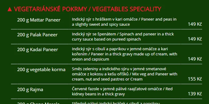 Výlet do Indie: vegetariánské nebo masové menu v restauraci Taj Mahal