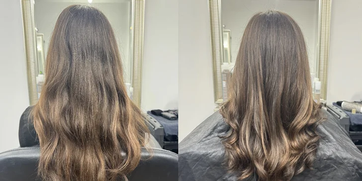  Ve studiu K Hair Studio vás čeká důkladné mytí, precizní střih a foukání od profi kadeřnic. (foto po stříhání) 