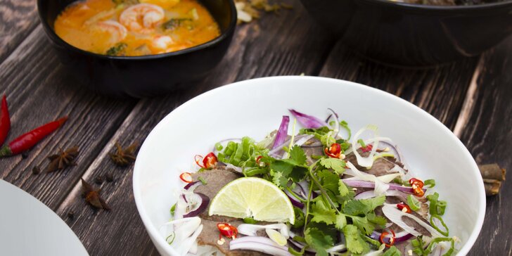 Vietnamská večeře: smažené závitky, polévka pho i rýžové nudle s masem