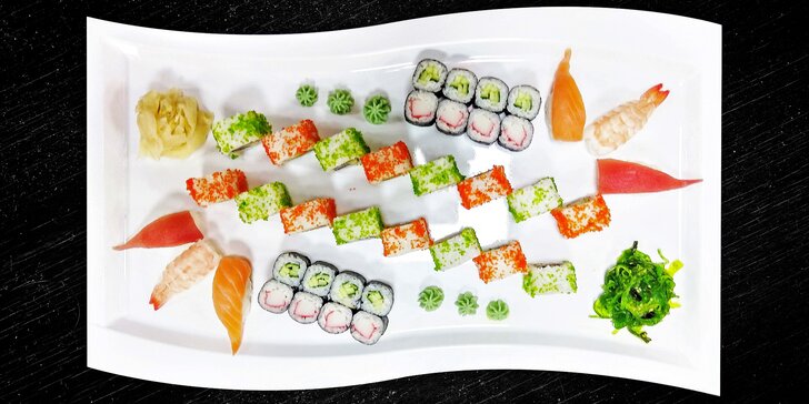 28 či 38 kousků sushi: losos, tuňák i krevety či krab v čerstvých rolkách