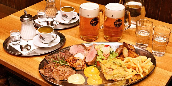 Masové menu pro dva: hovězí flank steak, krkovice, panenka i kuřecí prsa