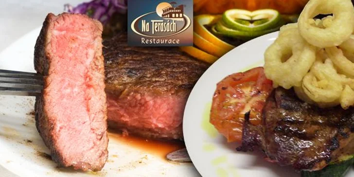 295 Kč za DVA hovězí steaky sirloin s grilovanou zeleninou a šťavnatými cibulovými kroužky. Masíčko připravené „tak akorát“ každému na míru v restaurantu Na Terasách se slevou 50 %