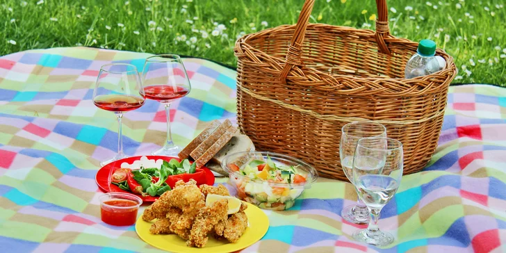 Piknik: sandwiche, saláty, grilovaný kuřecí gyros, víno i domácí limonády