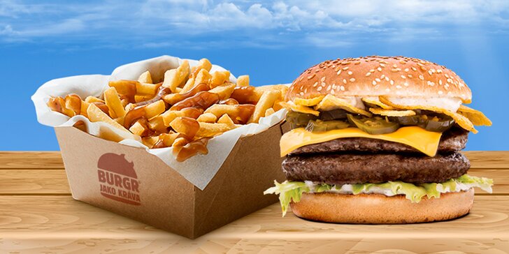 Burger jako kráva: 2 burgery podle výběru + velké hranolky