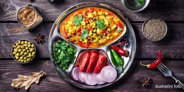 Indie na talíři: XL hlavní jídlo dle výběru z masových i vege variant