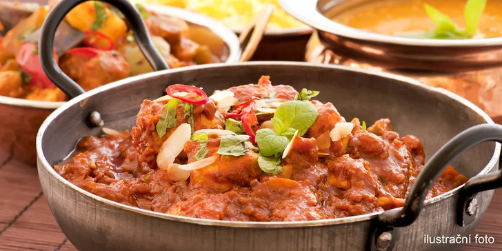 Indické menu pro 2: předkrm, hlavní jídlo s rýží a chlebem naan