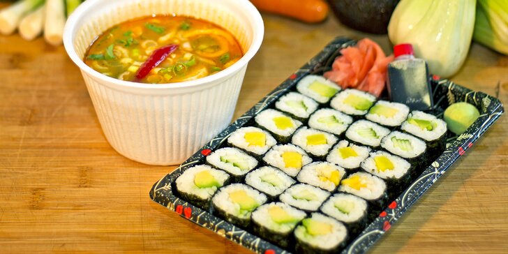 Obědové sushi menu s rozvozem po Praze 5, 6, 13, 17: polévka a 24 ks sushi