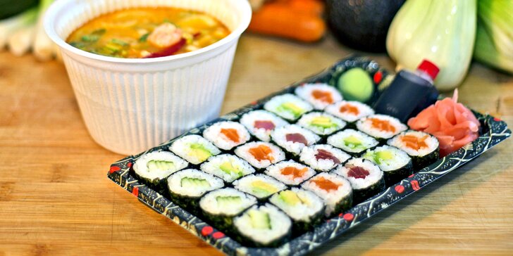 Obědové sushi menu s rozvozem po Praze 5, 6, 13, 17: polévka a 24 ks sushi