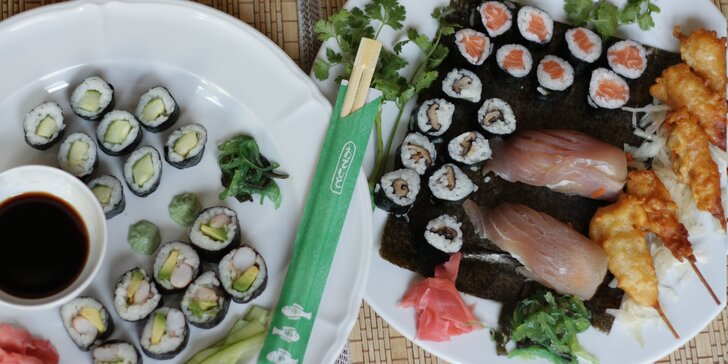 Posezení v asijské restauraci: sushi sety s 16–39 ks, krevety, losos i avokádo
