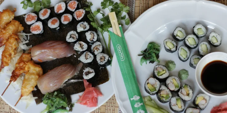 Posezení v asijské restauraci: sushi sety s 16–39 ks, krevety, losos i avokádo