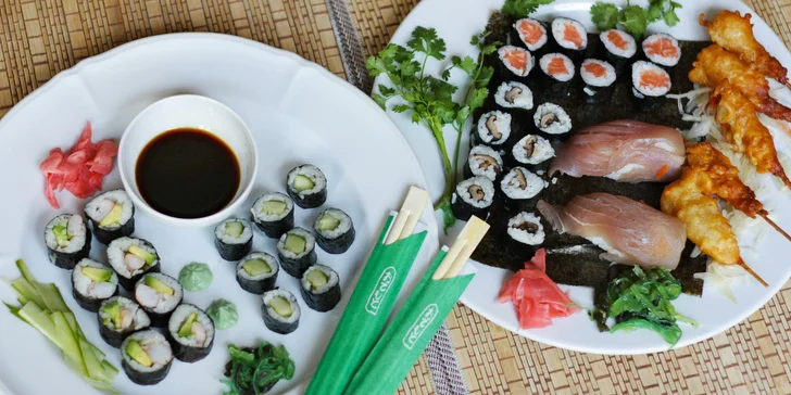 Posezení v asijské restauraci: sushi sety s 16–39 ks, krevety, losos i avokádo