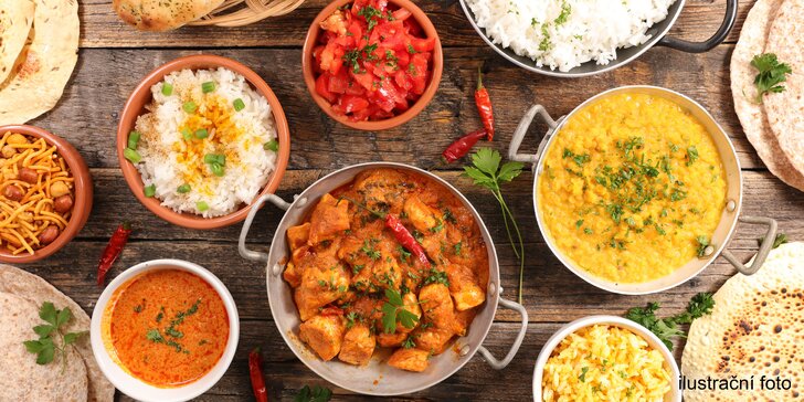Indické menu pro 2 os. v centru Znojma: výběr z 22 hlavních jídel, sýr paneer či kuřecí, pakora