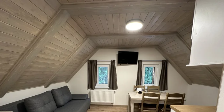 Ve větších apartmánech nechybí kuchyňka ani jídelní kout. 