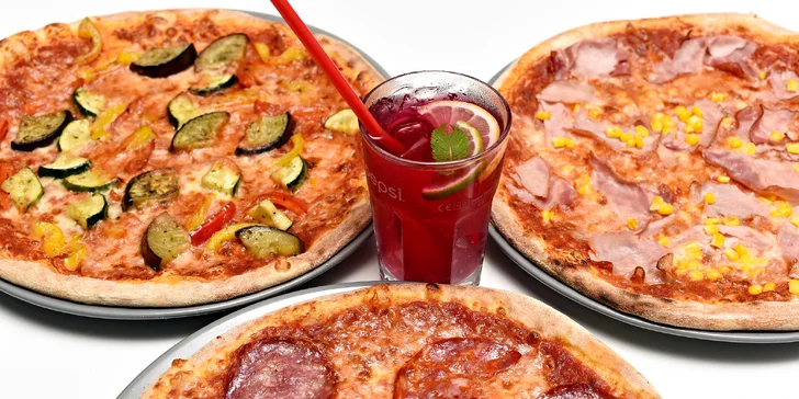 Ledový čaj a pizza na výběr: sýrová, salámová, kuřecí i vegetariánská