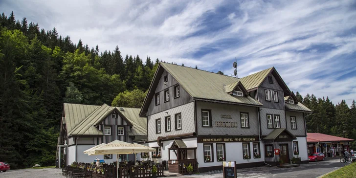 Double burgery se slaninou, čedarem, červenou cibulkou, BBQ omáčkou a hranolky
