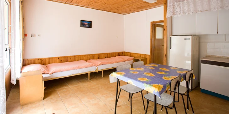 V bungalovu je kuchyňský kout s lednicí a základním vybavením. 
