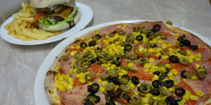 Jídlo s sebou: pizza dle výběru, zapečené těstoviny nebo burger s hranolky