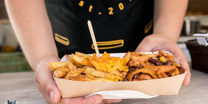 Belgické hranolky Happy Fries s omáčkou nebo masovou směsí podle výběru