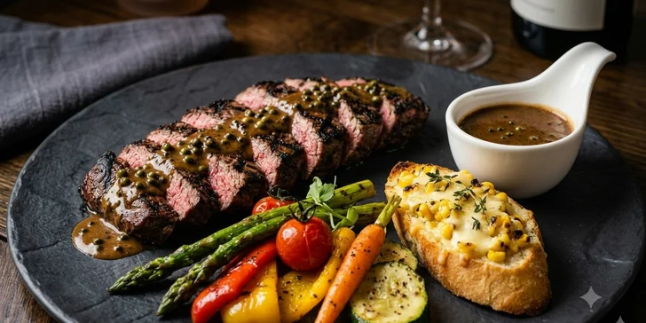 Tříchodové degustační menu pro dva: marinovaný losos, hovězí steak, dezert a láhev prosecca