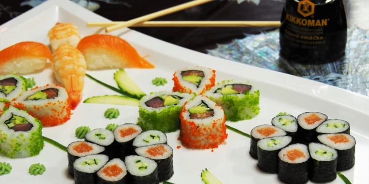 Sushi sety s až 51 ks: losos, tuňák, avokádo i krevety v tempuře či na grilu