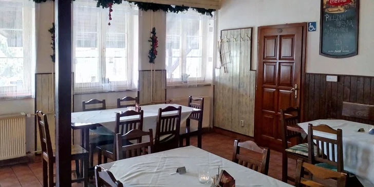Výborná hostina pro 4 osoby: husa plněná jablky, zelí a knedlíky, lahev vína i koláč