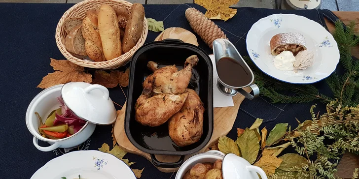 3chodové menu s konfitovaným kuřetem, kozím sýrem a hruškovým závinem