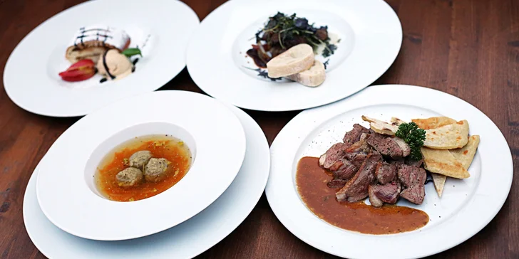 4chodové menu s hlavním chodem podle výběru ze 3 druhů i s vínem