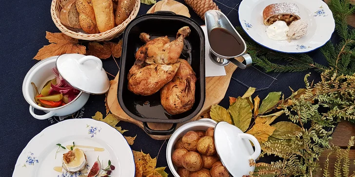 3chodové menu s konfitovaným kuřetem, kozím sýrem a hruškovým závinem