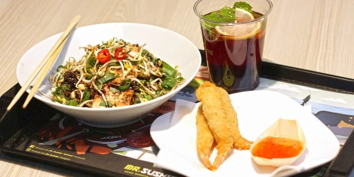 Japonsko-thajské menu: kuře, krevety nebo losos a domácí limonáda
