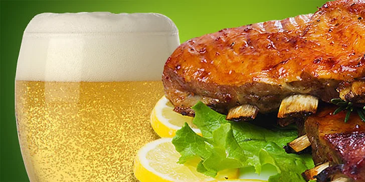 Vepřová žebírka pečená na medu a piva pro DVA. Dobrota pečená na grilu (1 kg), pečivo, hořčice a křen.