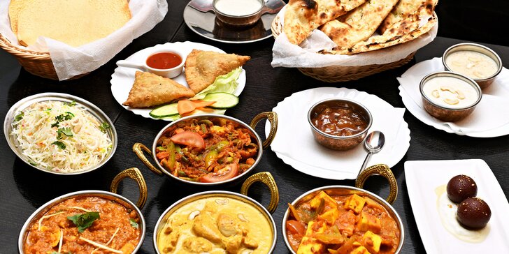 Indická lahůdka: malé i velké menu s vege a kuřecím hlavním jídlem pro 2 os.