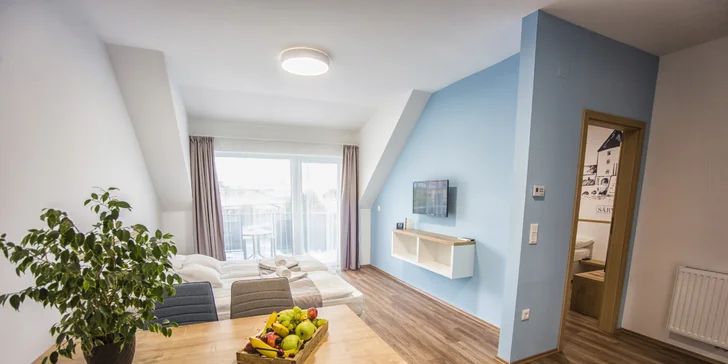 Studio nabídne dvě lůžka, apartmán má oddělenou ložnici od obýváku a možnost dvou přistýlek.