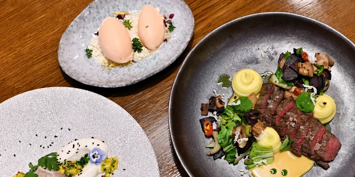 Menu pro 2: Crème brûlée z foie gras, pečená hlíva i champagne sorbet z růží