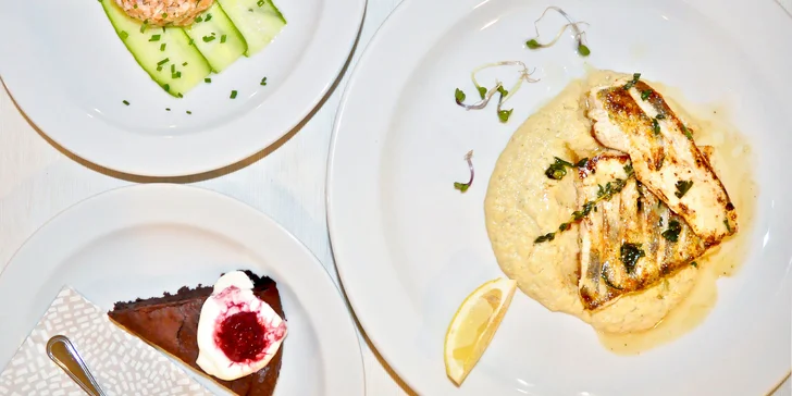Degustační menu pro dva: lososový tatarák, candát nebo grilovaná kotleta