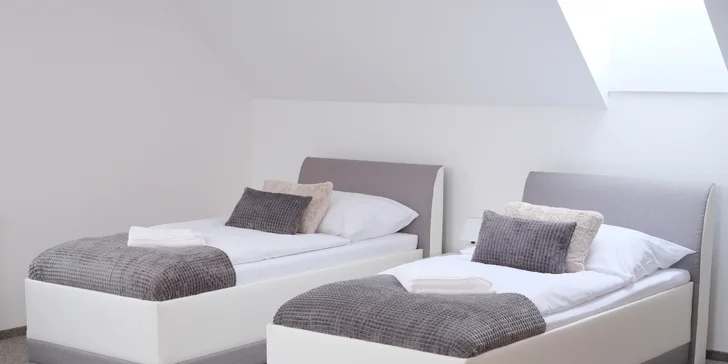 Na výber je apartmán s manželskou posteľou a dvoma jednolôžkami, prípadne s manželskou posteľou a rozkladacou pohovkou.