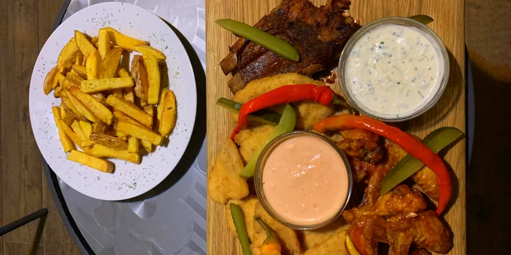 Pořádná hostina: pikantní křídla, řízky a BBQ žebra, hranolky i dipy pro 4 os.