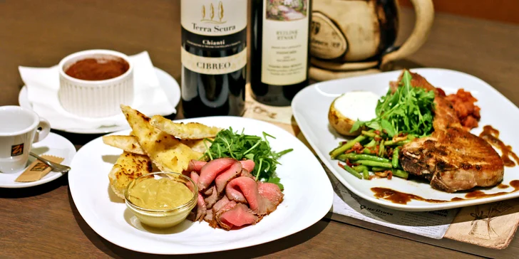 3chodové menu Na Václavce pro 2: roastbeef, kotleta s fazolkami a tiramisu