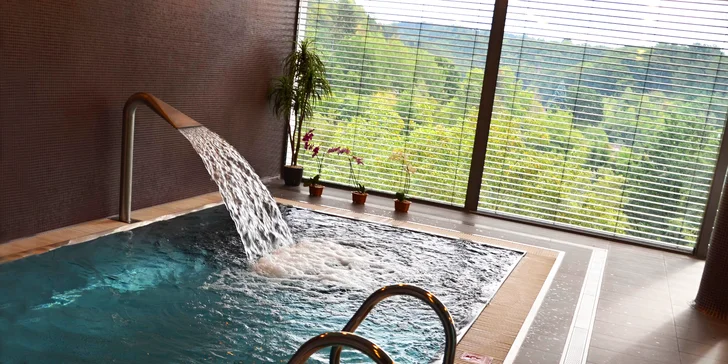Ve wellness je bazén s protiproudem a chrličem vody, whirlpool, masážní sprchy a parní komora.