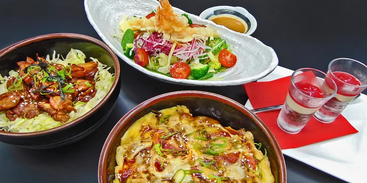 Japonské menu o třech chodech: salát s krevetami, úhoř, kuře teriyaki i dezert
