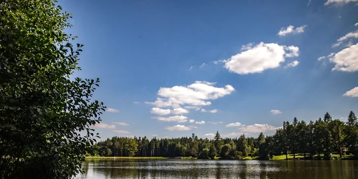 Krásné chatky v panenské přírodě Vysočiny pro 5–12 os. i 4 h. koupání v sudu