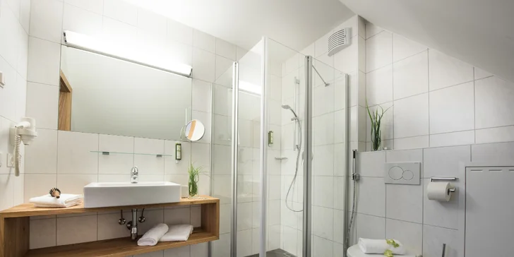 V kúpeľniach nájdete sprchovací kút alebo vaňu, fén, WC a základnú hotelovú kozmetiku.