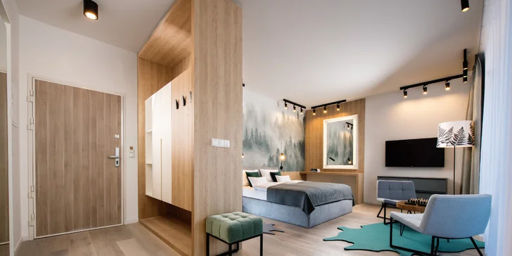 Ubytujete se v apartmánu Studio Classic, Comfort s jednou ložnicí, Deluxe nebo Grand se dvěma ložnicemi (na fotce Classic). 