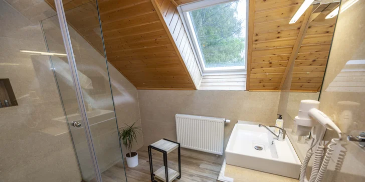 Každý apartmán má moderní koupelnu s toaletou. (Apartmán U Kruciána)