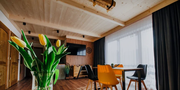 Všechny apartmány mají obývací místnost s kuchyňským koutem. 

