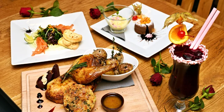 3chodové valentýnské menu s grilovaným baby kuřetem a přípitkem