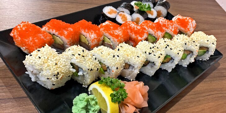 Výběr ze 6 druhů sushi setů: 16–34 kousků s krevetami, avokádem i tuňákem