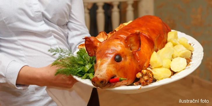 5–6 kg pečeného selete, 500 g hranolků nebo brambor a přílohy až pro 6 os.