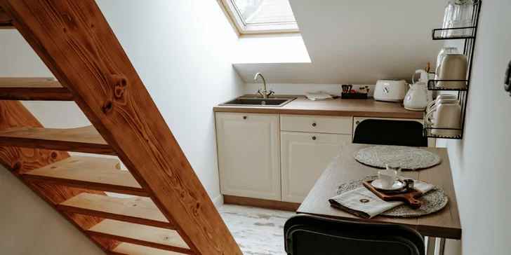 Apartmány disponují také kuchyňským koutem.
