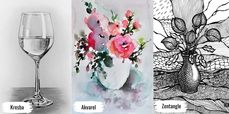 Ukázka technik - kresba tužkou, malba akvarelem, relaxační kresba zentangle.